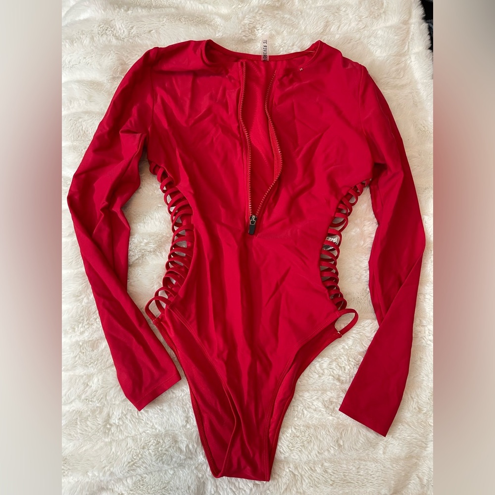 Forever 21 Red Long-Sleeve One-Piece Swimsuit with Side Ladder Cutouts